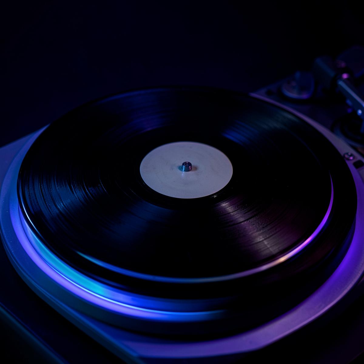 Disco de vinil preto num gira-discos, iluminado por luz azul e violeta