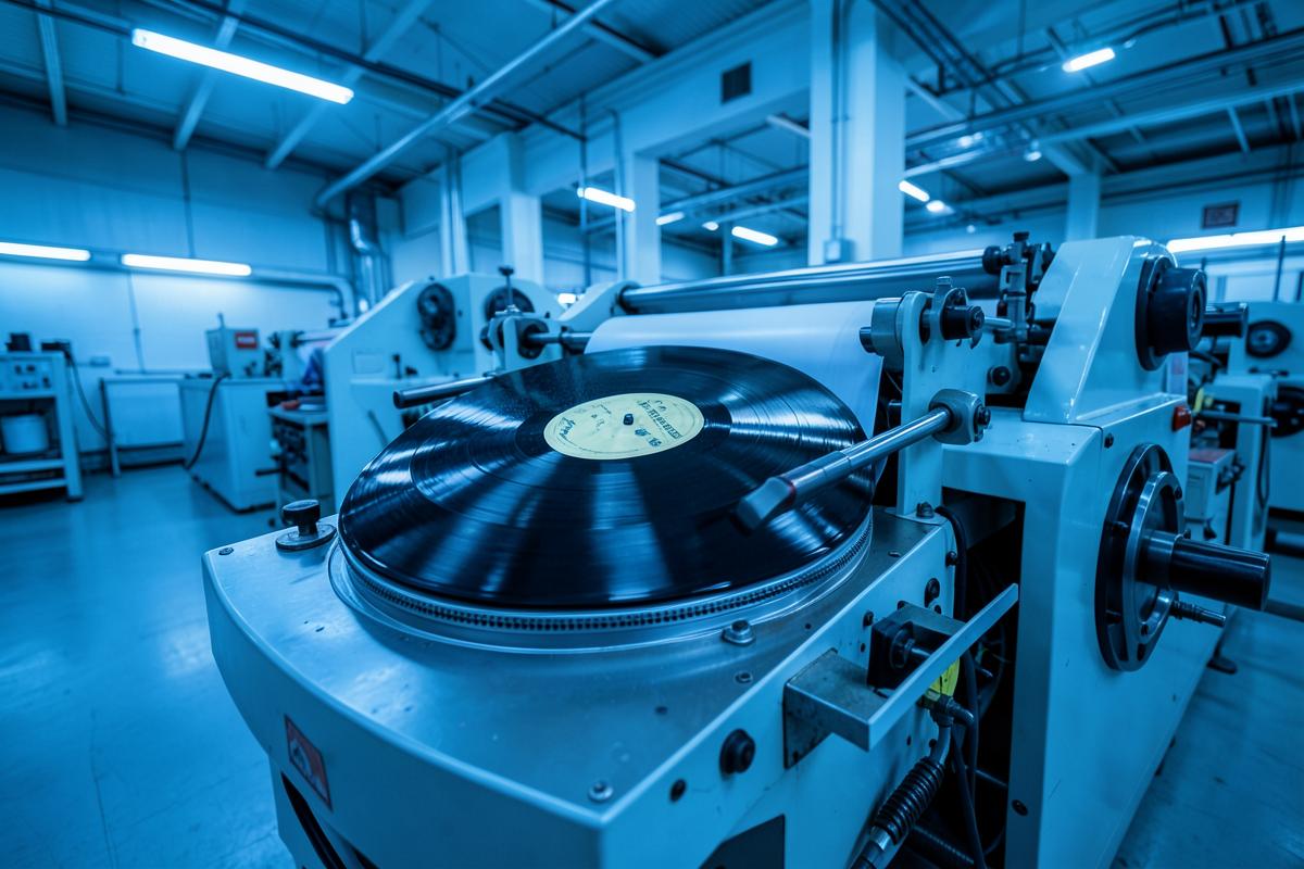 Pormenor de produção de discos de vinil em estúdio